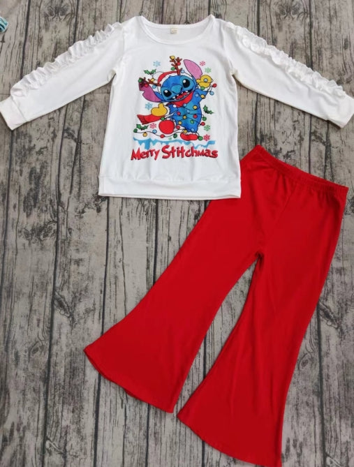 Custom moq 3 eta 6-7weeks Blue Big Ears Puppy White Long Sleeve Top - Red Pants Set