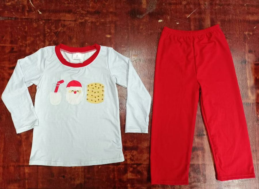 Custom moq 3 eta 6-7weeks Milk-Santa-Chocolate Cookies Light Blue Striped Long Sleeve Top-Red Pants Set