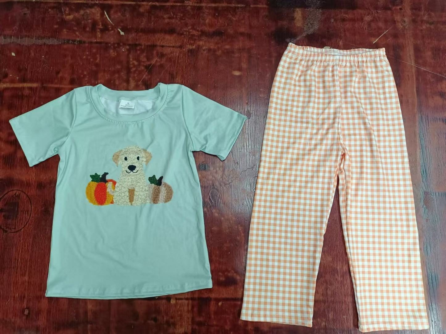 Custom moq 3 eta 6-7weeks Plush Pumpkin Puppy Pattern Mint Green Short Sleeve Top - Orange Plaid Pants Set