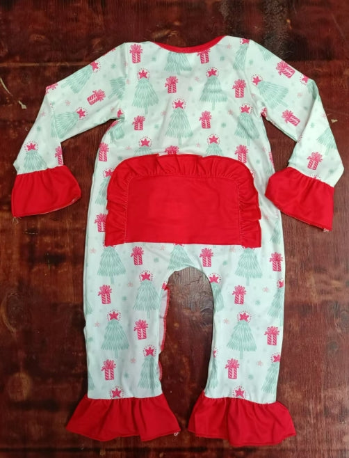 Custom moq 3 eta 6-7weeks Pink five-pointed star Christmas tree red pleated trumpet sleeve long romper