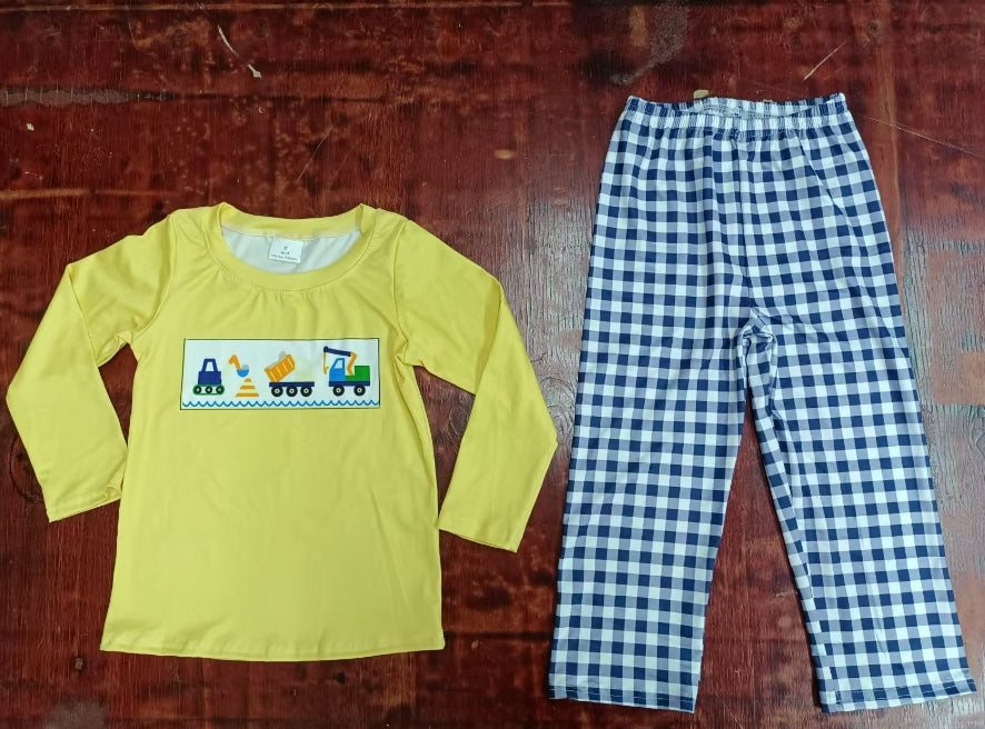 Custom moq 3 eta 6-7weeks Construction Site Excavator Truck Yellow Long Sleeve Top-Dark Blue Plaid Trousers Set