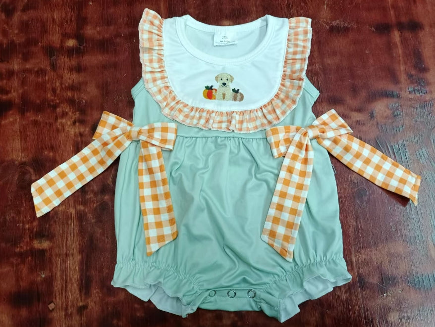 Custom moq 3 eta 6-7weeks Embroidered Pumpkin Puppy Orange Plaid Bow Light Green Sleeveless Short Climbing Dress