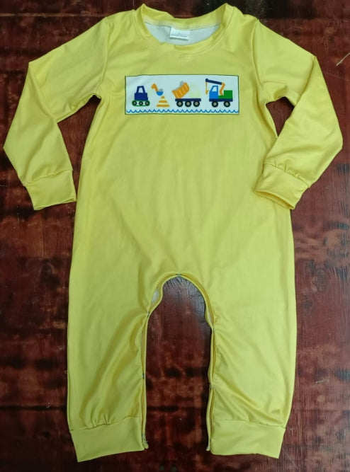 Custom moq 3 eta 6-7weeks Construction site excavator truck yellow long romper