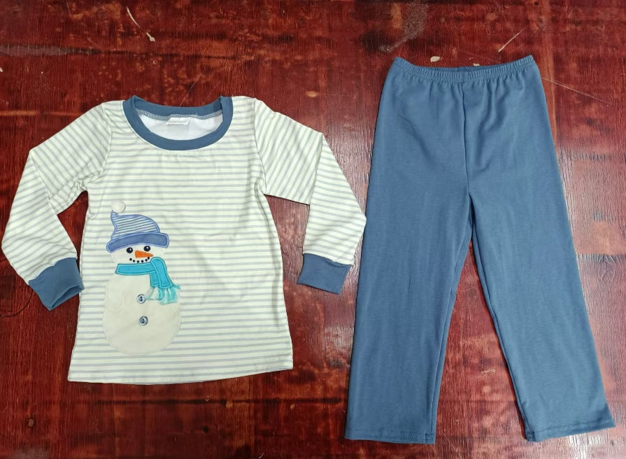 Custom moq 3 eta 6-7weeks Hat Scarf Snowman Gray Striped Long Sleeve Top-Mist Blue Pants Set