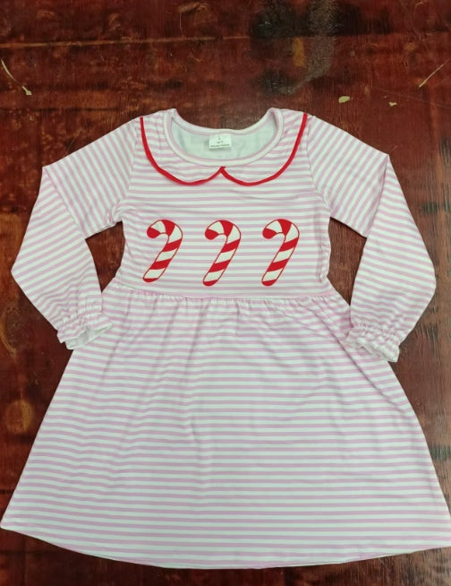 Custom moq 3 eta 6-7weeks Red striped cane pink striped baby collar long sleeve dress
