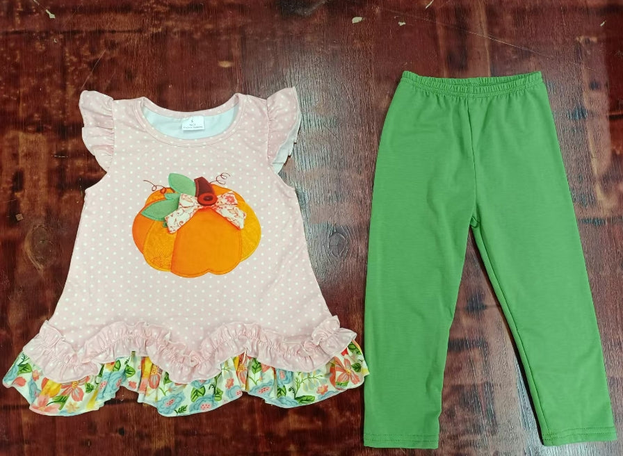 Custom moq 3 eta 6-7weeks Bowknot Pumpkin Pink Polka Dot Fly Sleeve Top & Green Pants Set