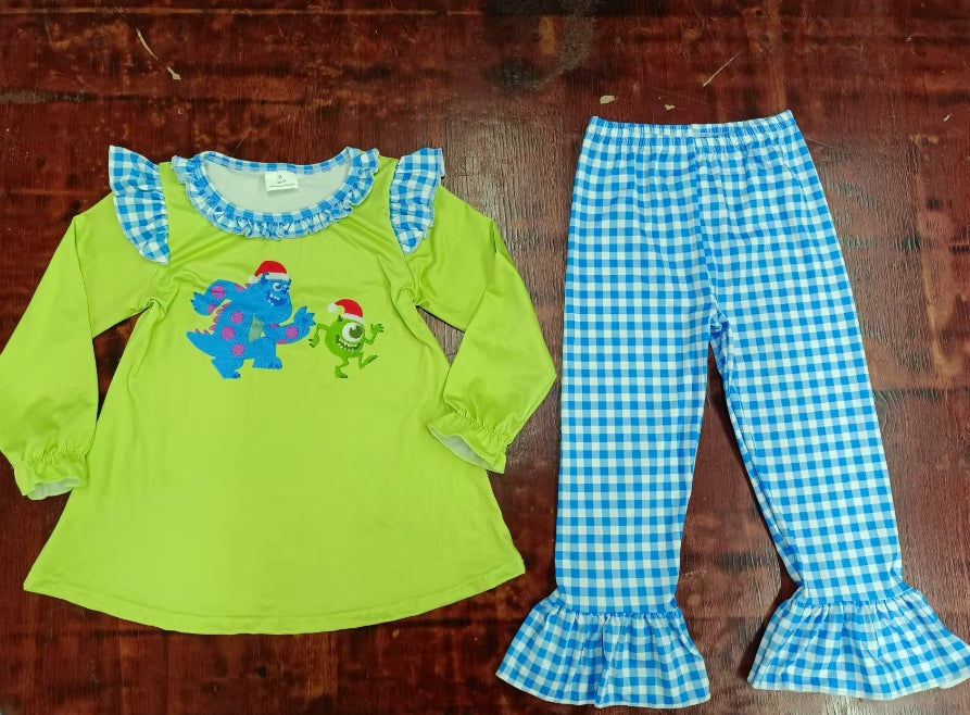 Custom moq 3 eta 6-7weeks Christmas Monster Fluorescent Green Long Sleeve Top-Blue Plaid Pants Set