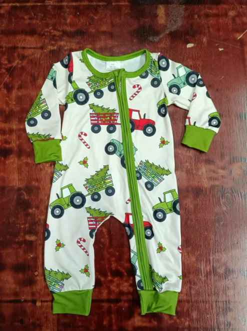 Custom moq 3 eta 6-7weeks Green long zip-up jumpsuit with a truck pulling a Christmas tree print