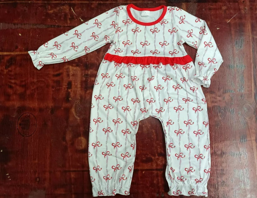 Custom moq 3 eta 6-7weeks Red bow wave vertical stripes white long romper