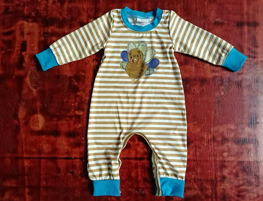 Custom moq 3 eta 6-7weeks Brown Striped Long Romper with Embroidered Turkey