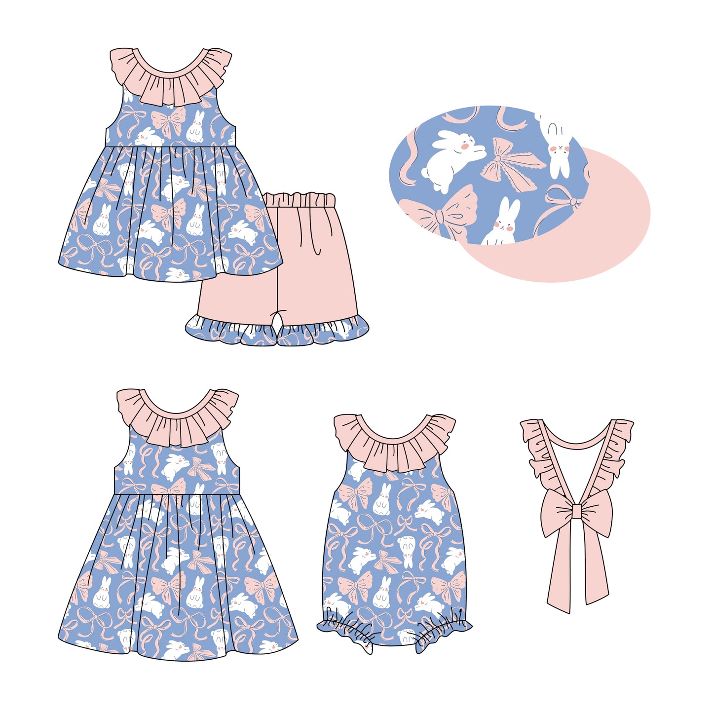 12.31 custom each style moq 5eta 4-6week Sibling Sistes easter baby girl short sleeve shorts sets and dress and rompers match family design