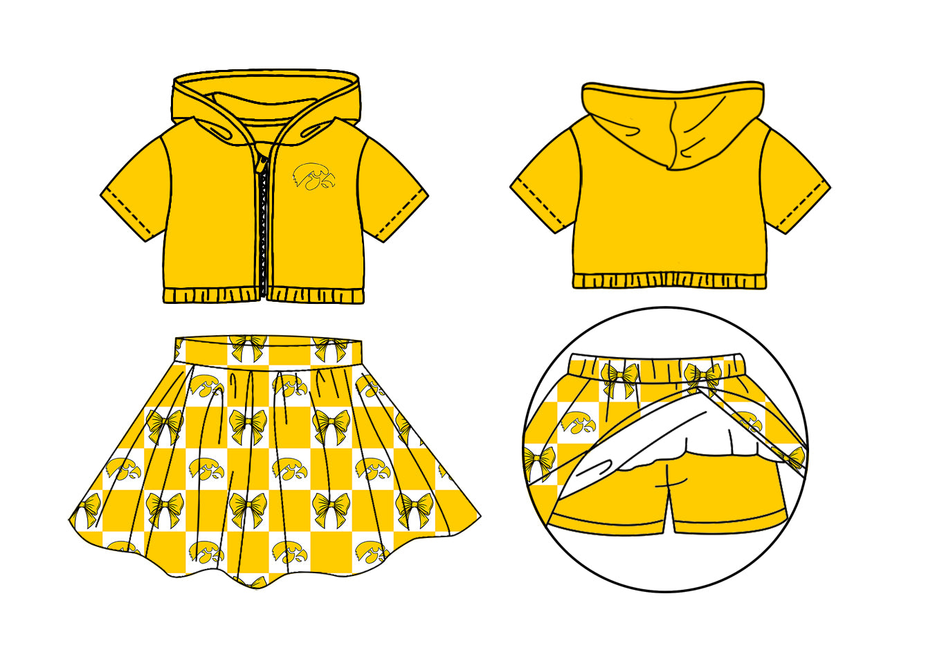 Custom moq 3 or 5 mix size milk silk summer teams baby girl clothes bow yellow zipper hooded short sleeve shorts skirts sets-26.1.21