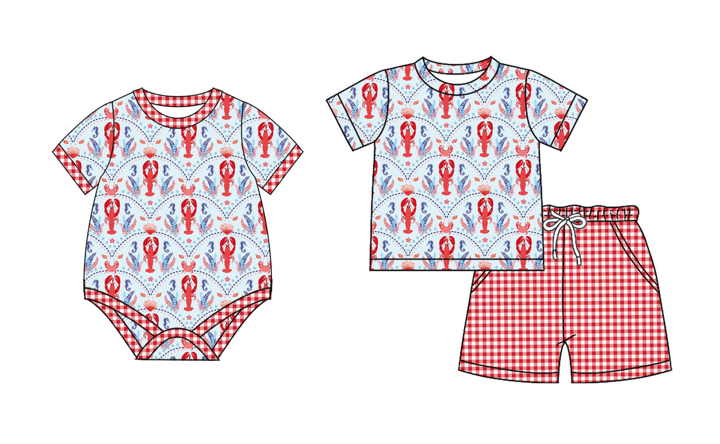 26.1.15 custom each style moq 5 eta 6-8week Sibling Sister lobster baby boy short sleeve shorts sets and romper match design