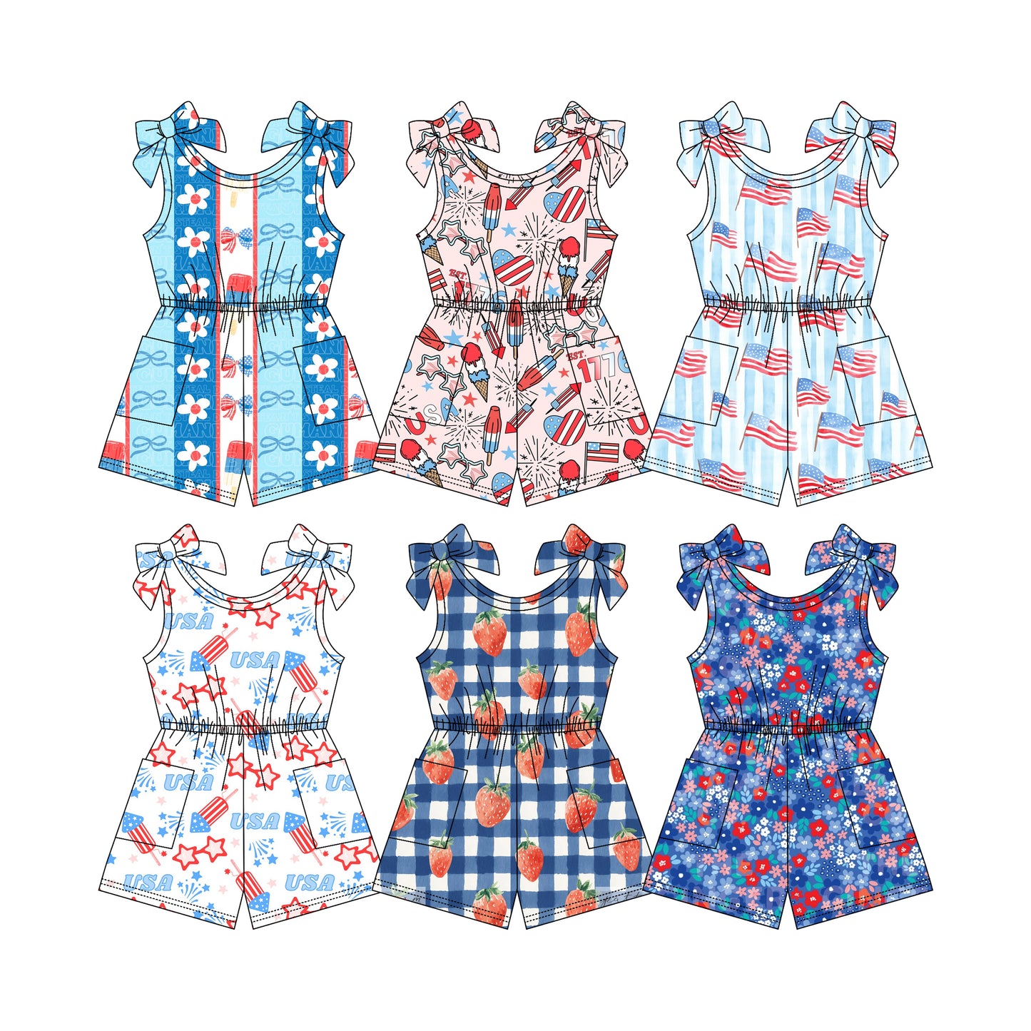 3.13 Custom moq 5 mix size Sibling Baby Girl 4th of July Sleeveless Jumpsuits Cute Summer Outfit