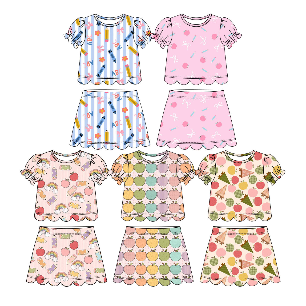 3.17 Custom moq 5 mix size Sibling Baby Girls Back to School Top Scallop Skirt Short Clothes Set