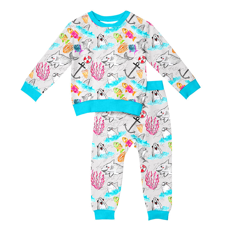 5.21custom each style moq 5eta 4-5week Sibling Sisterocean shark prints blue boys set and girls dress match family design