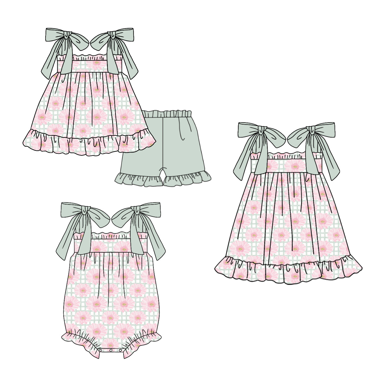 3.10 Custom moq 5 mix size Sibling Baby Girl's Floral Plaid Sleeveless Top And Short Set Cute Romper Dress for Summer
