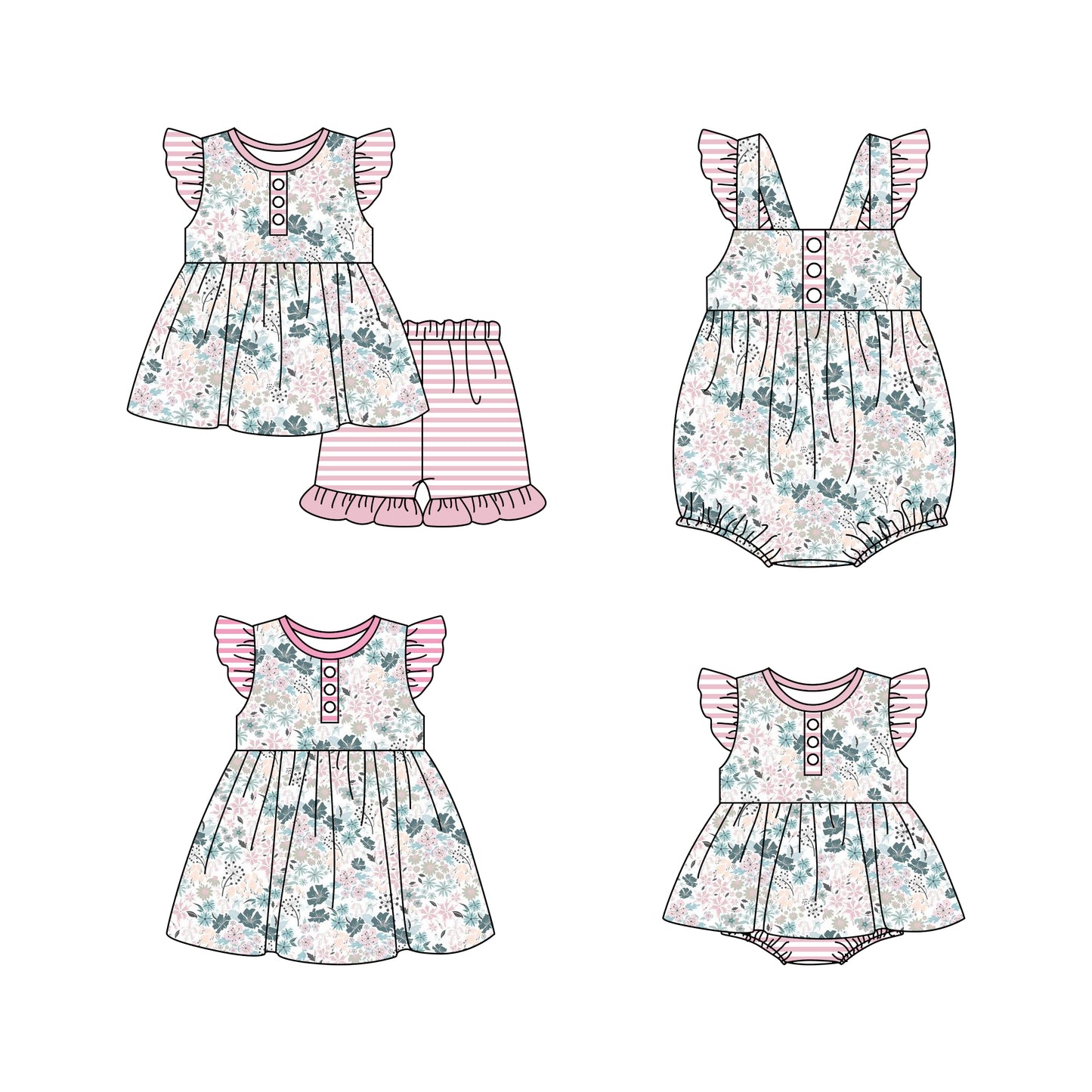 11.19 custom each style moq 5eta 4-6week Sibling Sister floral baby girl short sleeve shorts sets and girls romper and boy romper and dress match design