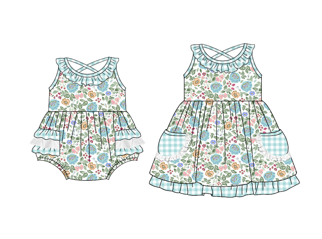 11.3 custom each style moq 5eta 4-6week Sibling Sister floral baby girl short sleeve dress and rompers match family design