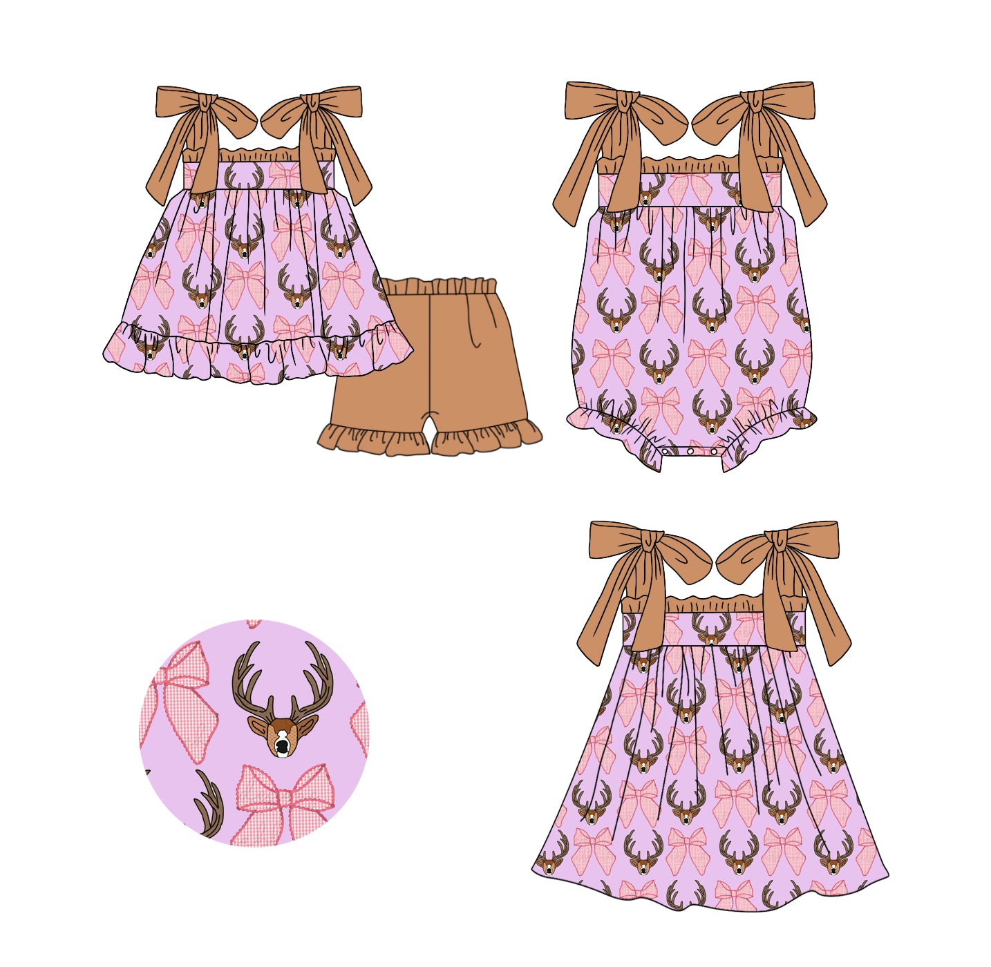 11.20 custom each style moq 5eta 4-6week Sibling Sister deer head bow baby girl short sleeve shorts sets and dress and rompers match family design