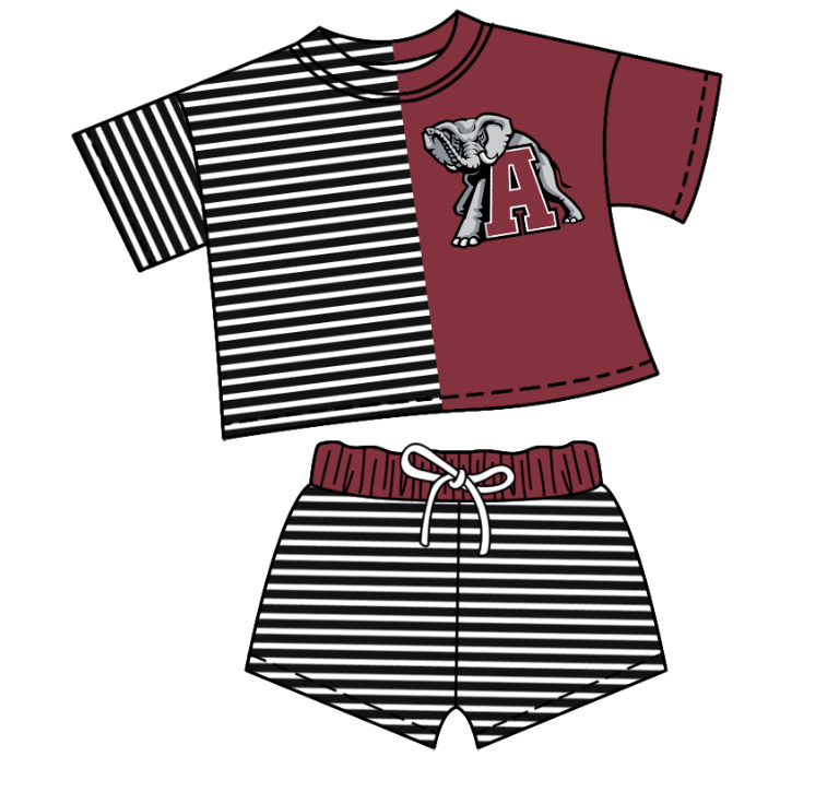 Custom moq 5 mix size milk silk summer teams Children's Dark Red Striped Outfit Set Short-Sleeved Crew Neck Top And Drawstring Shorts for Kids