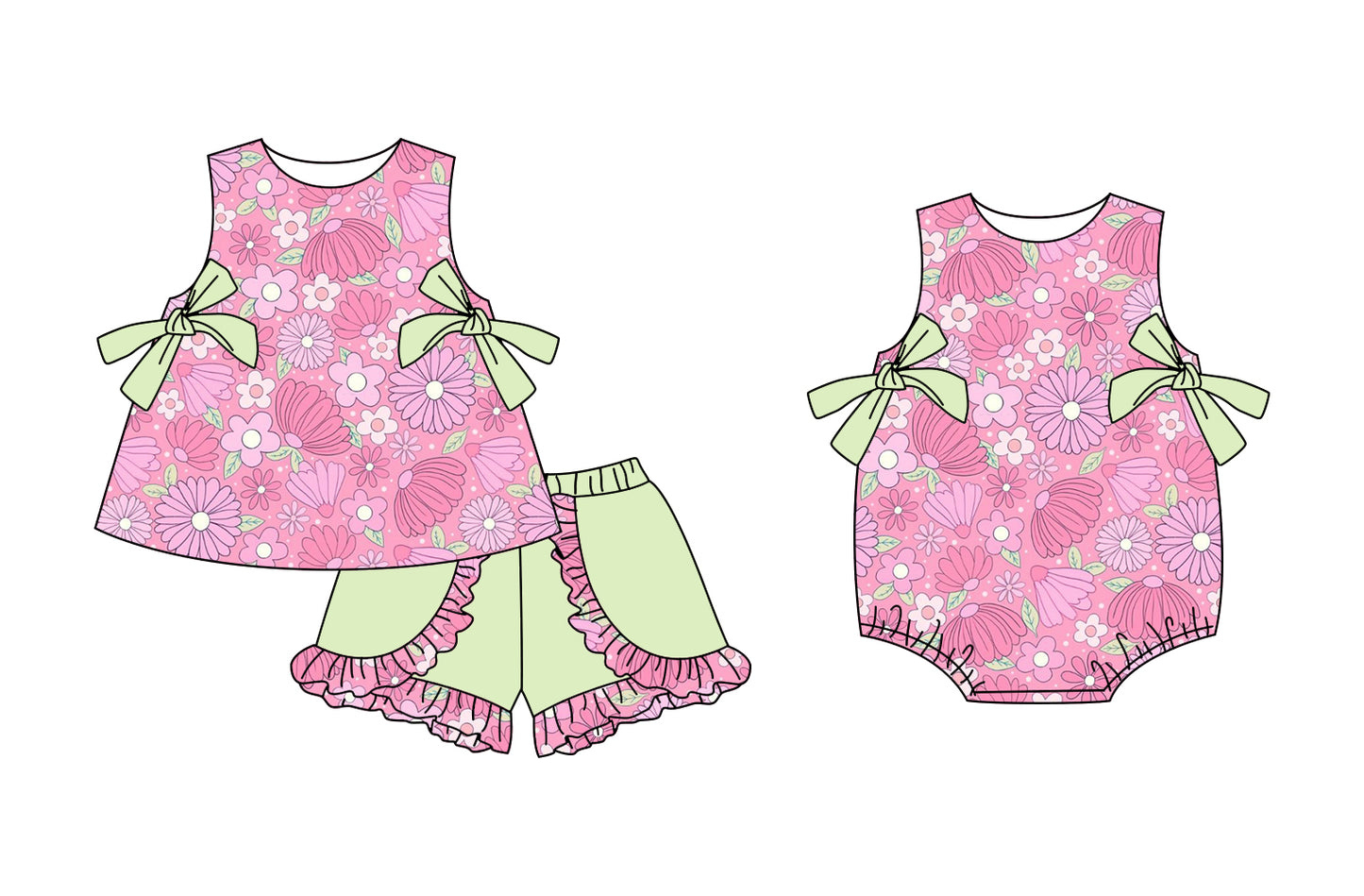 3.3 custom each style moq 5eta 4-6week Sibling Sister floral baby girl short sleeve shorts sets and romper match design