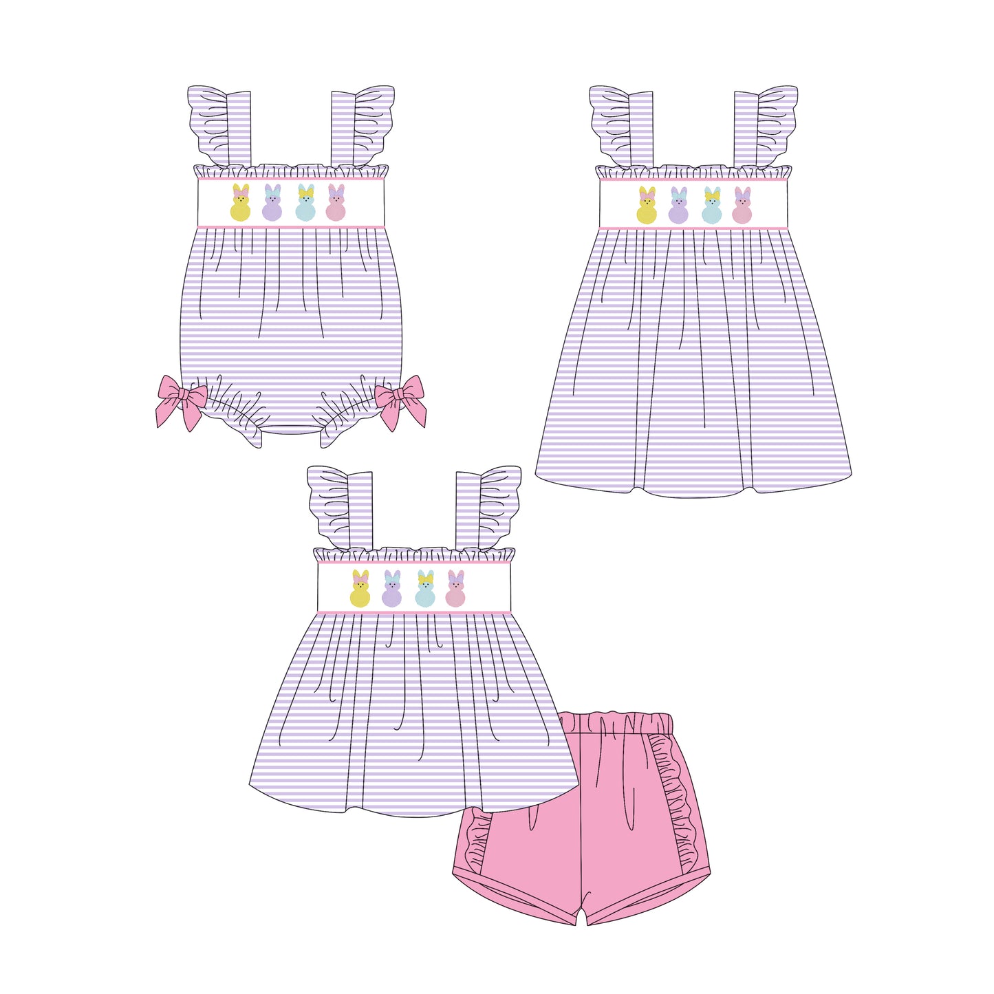 25.12.30 custom each style moq 5 eta 6-8week Sibling Sister bunny baby short sleeve shorts sets and romper and dress match design