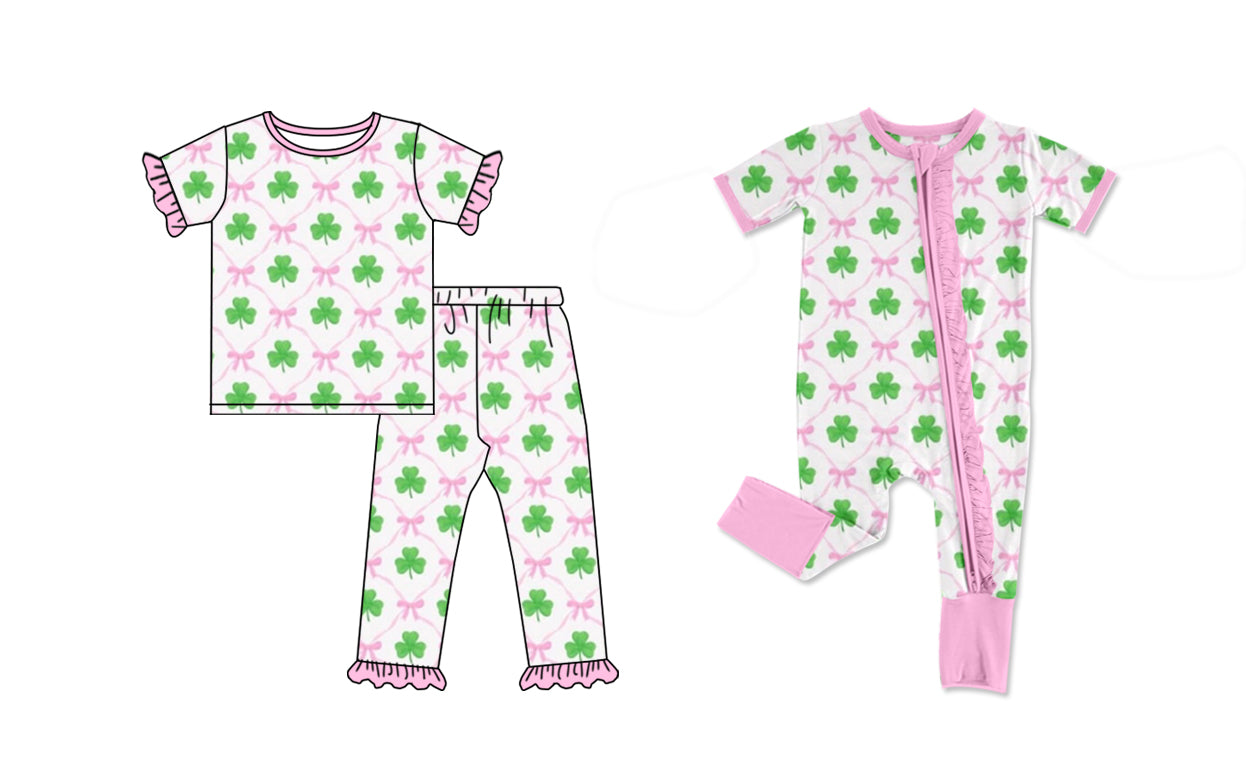 11.14 custom each style moq 5eta 4-6week Sibling Sister Four Leaf Clover baby girls short sleeve sets and rompers match design