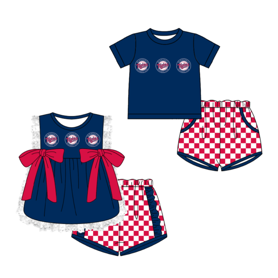 Custom moq 5 mix size milk silk summer teams Navy Blue Girl Sleeveless Top And Plaid Shorts Set with Bow Boy Short Sleeved Top And Plaid Shorts Set