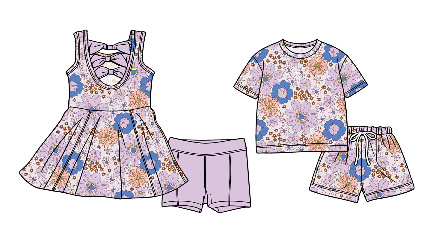 Custom moq 5 mix size Sibling Baby Girl Purple Sleeveless Yoga Dress And Shorts Outfit Short Sleeved Top And Shorts Set
