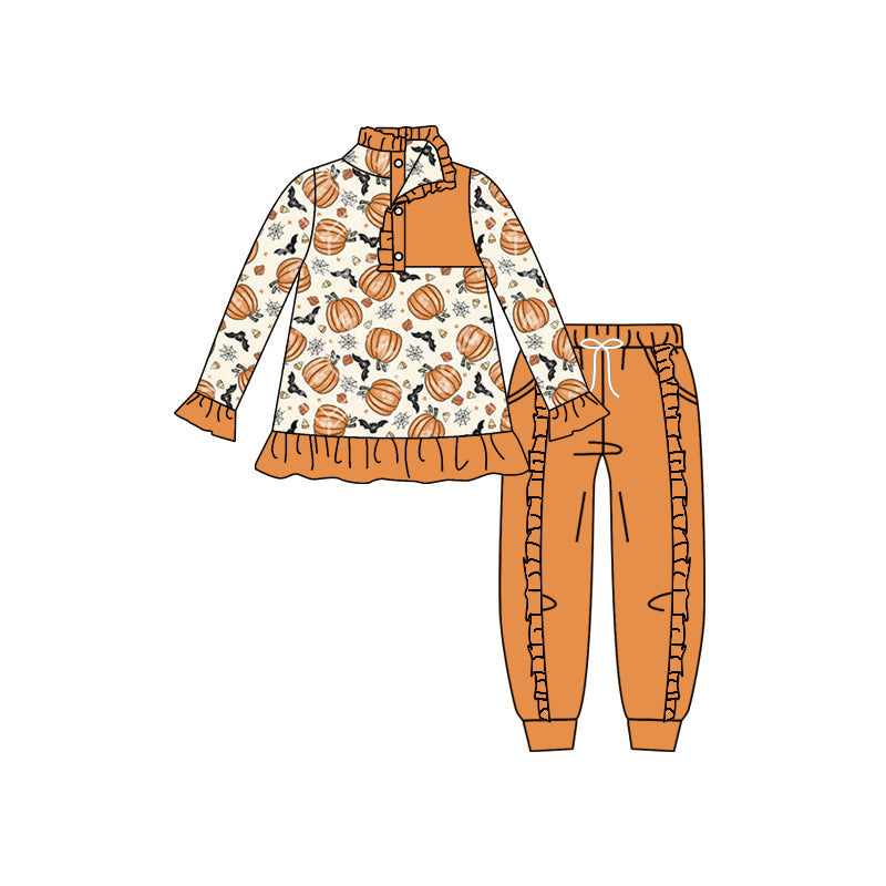 5.25 custom each style moq 5 eta 4-5week Halloween pumpkin orange long sleeve lace pants outfits
