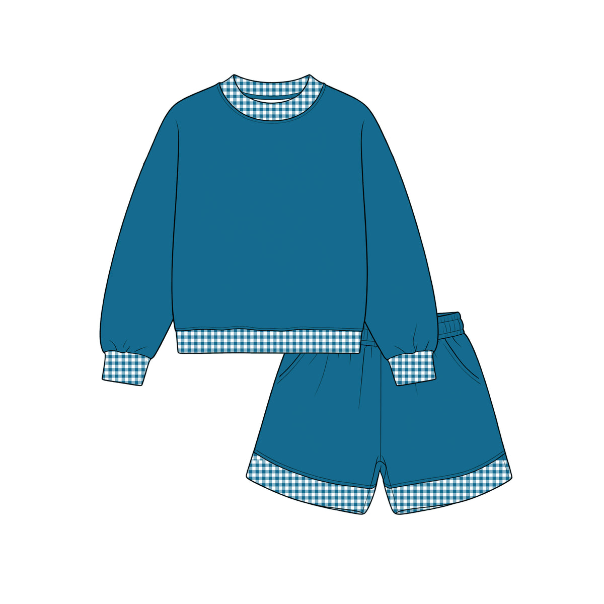 Custom moq 5 girls Blank Cotton Fabric Sweatshirt Shorts Set Ink-blue sweatshirt and shorts set