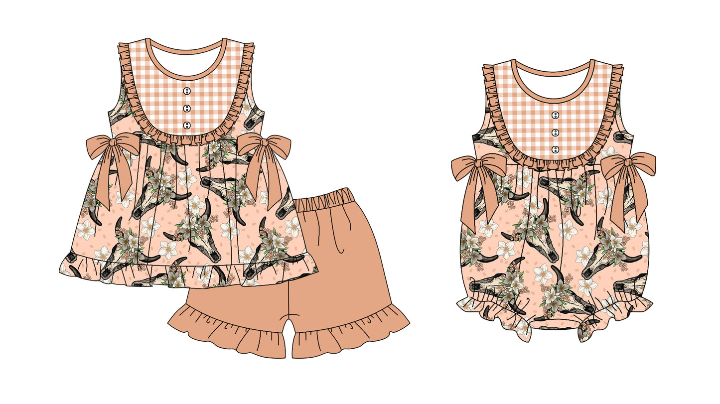 11.21 custom each style moq 5eta 4-6week Sibling Sister cow head baby girl short sleeve shorts sets and rompers match design