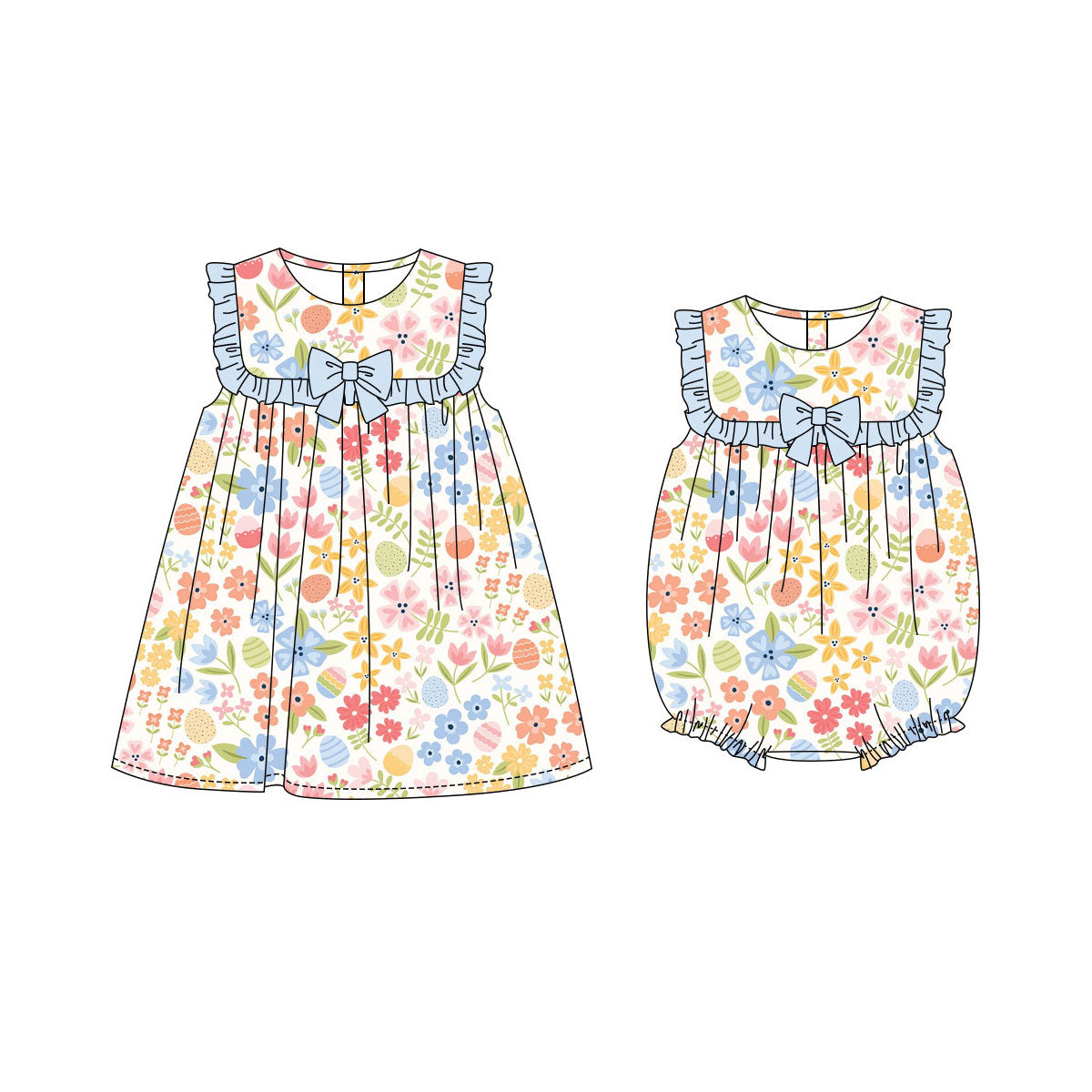 25.10.2 custom each style moq 8 eta 6-8week Sibling Sisters easter floral baby girl short sleeve dress and rompers match family design