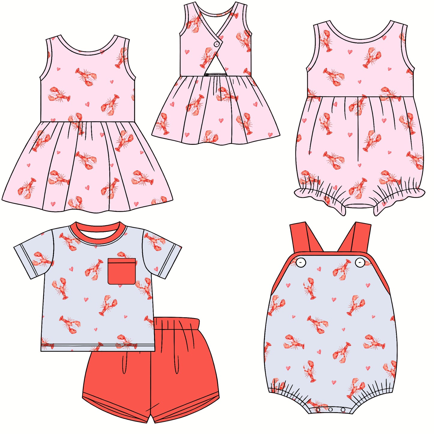 25.12.12 custom each style moq 5 eta 6-8week Sibling Sister lobsters baby short sleeve shorts sets and dress and romper 2 match design