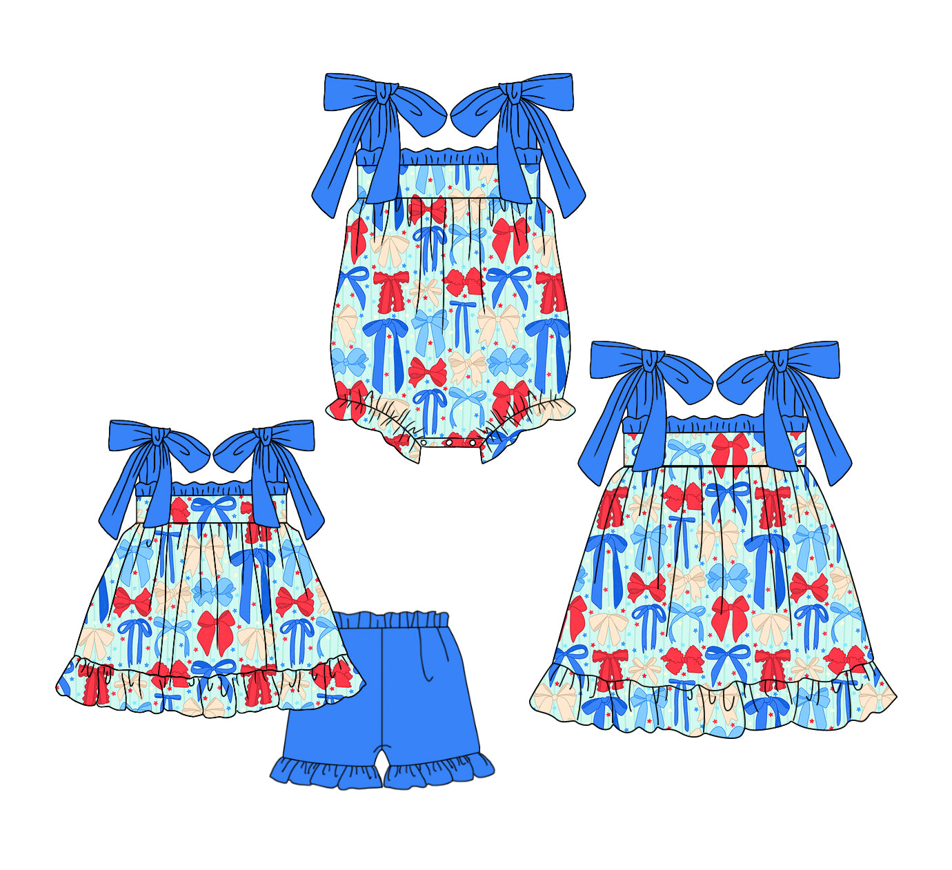 3.5 Custom moq 5 mix size Sibling Baby Girl's 4th of July Sleeveless Top And Blue Ruffle Short Set Cute Romper Dress for Summer
