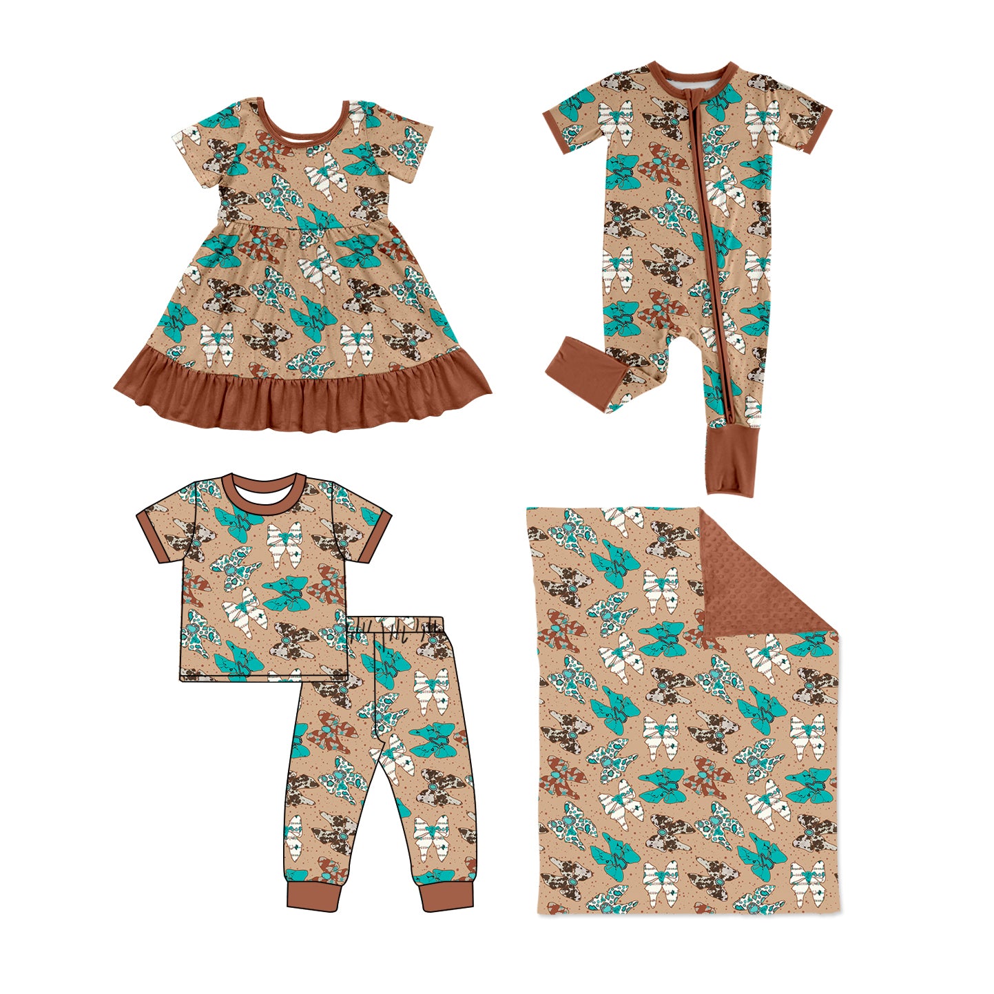 11.13 custom each style moq 5eta 4-6week Sibling Sister butterfly baby girls short sleeve sets and rompers and dress and blanket match design