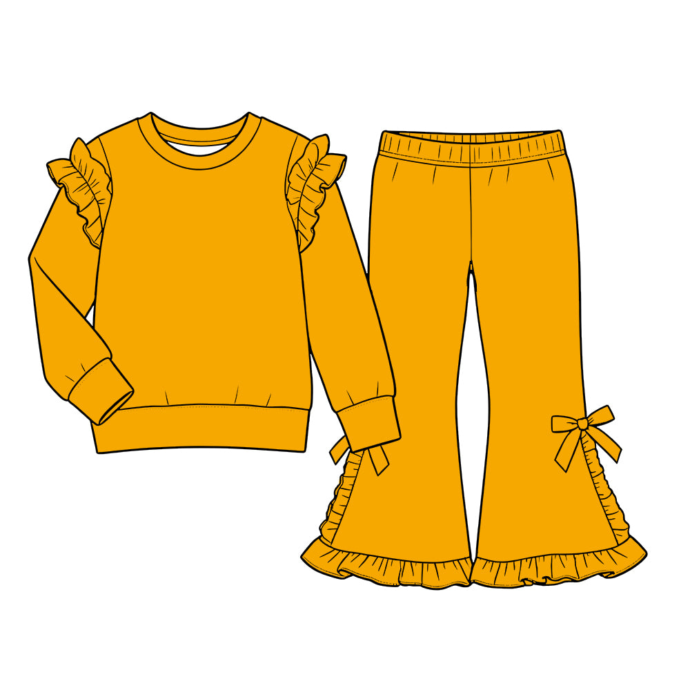 Custom moq 5 cotton fabric girls ruffle sets solid color blank Mustard yellow long-sleeved sweatshirt with lace trim and side-bow kick-flare trousers set