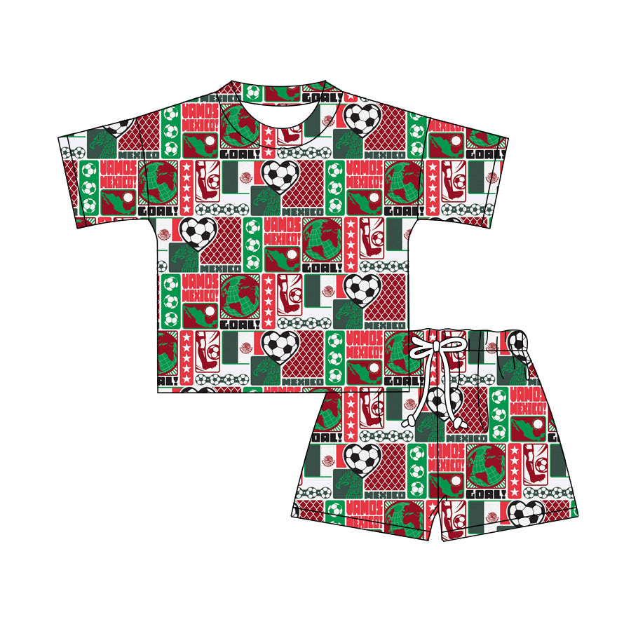 4.2 Custom moq 5 mix size Sibling Baby Footballs Short-Sleeved Checked Top Shorts Set Summer Outfit