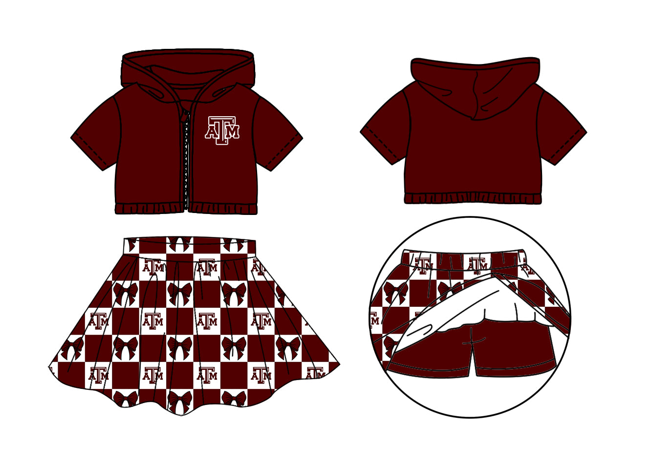 Custom moq 3 or 5 mix size milk silk summer teams baby girl clothes bow dark red zipper hooded short sleeve shorts skirts sets-26.1.20