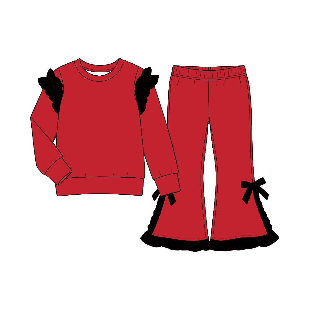 custom moq 5 mix size Baby Girls Ruffle Red Long Sleeve Top And Black Ruffle Flare Pants Set