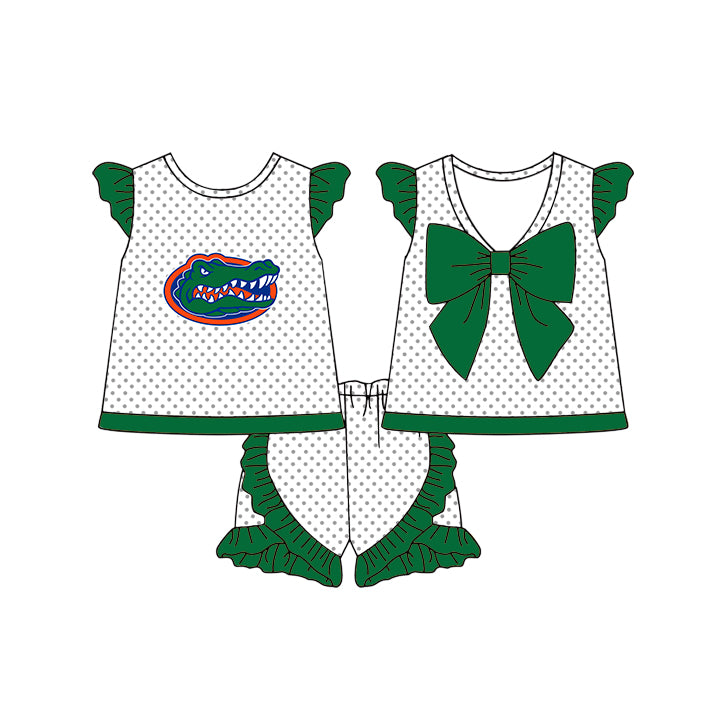 Custom moq 5 mix size milk silk summer teams Baby Girls Green and White Polka Dot Flutter Sleeve Top with Bow Back and Ruffle Shorts Cheerleader Team Clothing Set