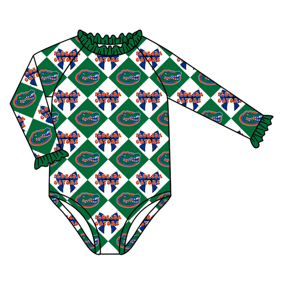 Custom moq 5 mix size green swim fabric Checkered team swimsuits girls swim