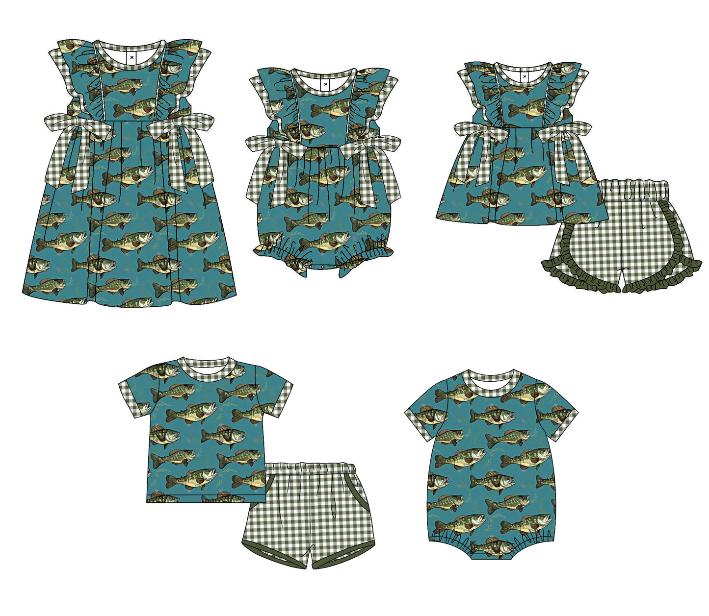 11.9 custom each style moq 5eta 4-6week Sibling Sister fish baby girl short sleeve shorts sets 1 and sets 2 and girls romper and boy romper and dress match design
