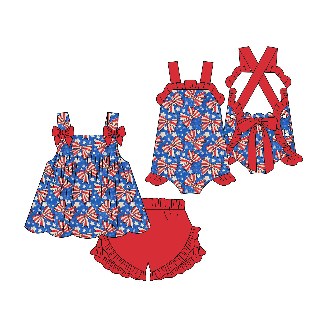 3.11 Custom moq 5 mix size Sibling Baby Girl's 4th of July Sleeveless Top And Red Ruffle Short Set Cute Romper for Summer