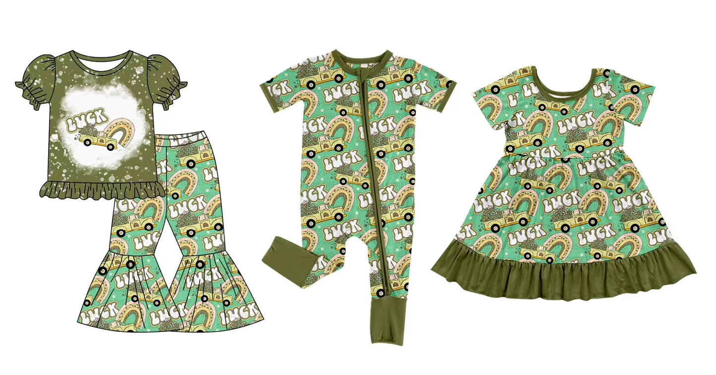 12.5 custom each style moq 5eta 4-6week Sibling Sister LUCK baby girl sets and dress and rompers match family design