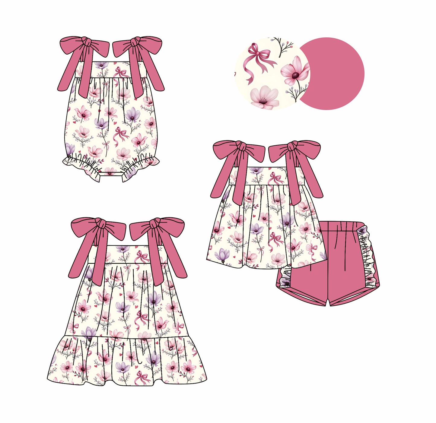 3.1 custom each style moq 5eta 4-6week Sibling Sister bow floral baby girl short sleeve shorts sets and dress and rompers match family design