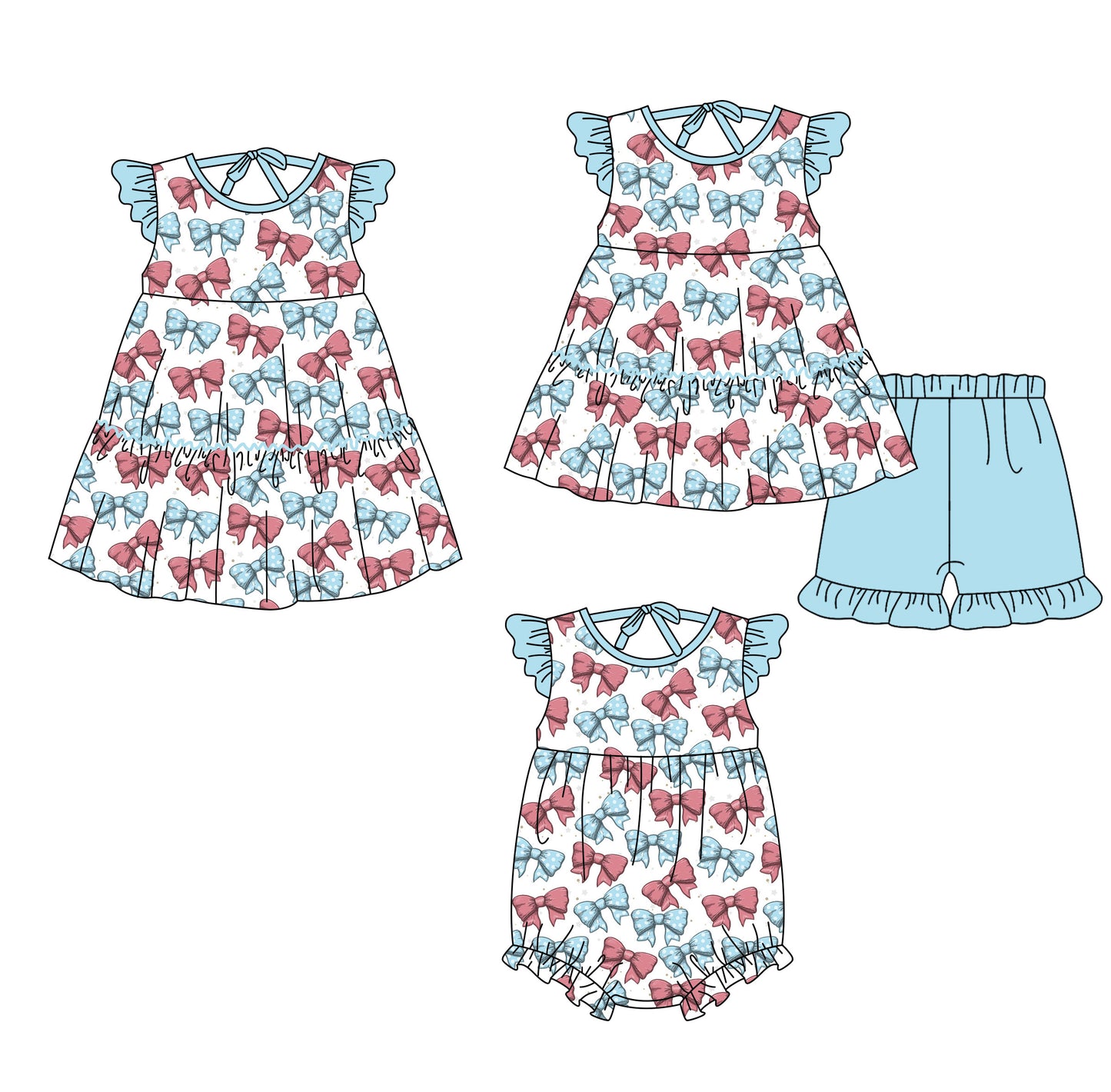 3.20 Custom moq 5 mix size Sibling Baby Girl's Flutter Sleeve Top And Blue Shorts Set Cute Romper Dress for Summer