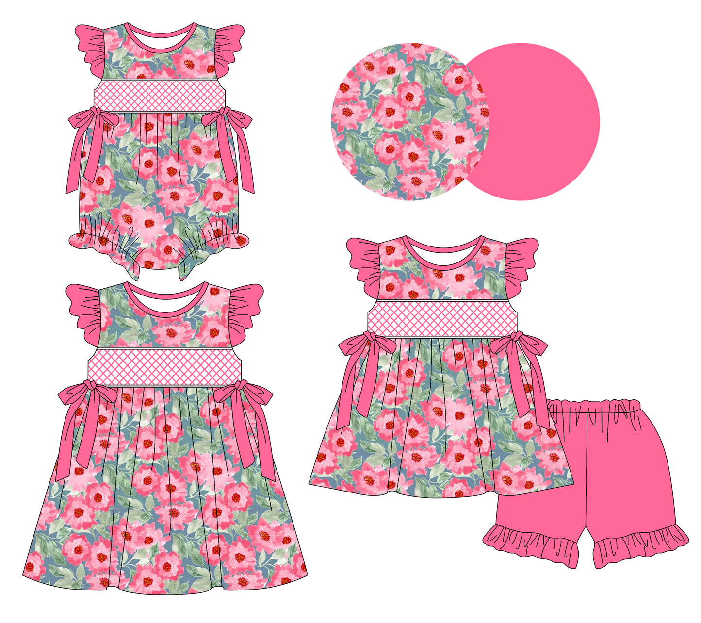 3.10 custom each style moq 5eta 4-6week Sibling Sisters floral baby girl short sleeve shorts sets and dress and rompers match family design