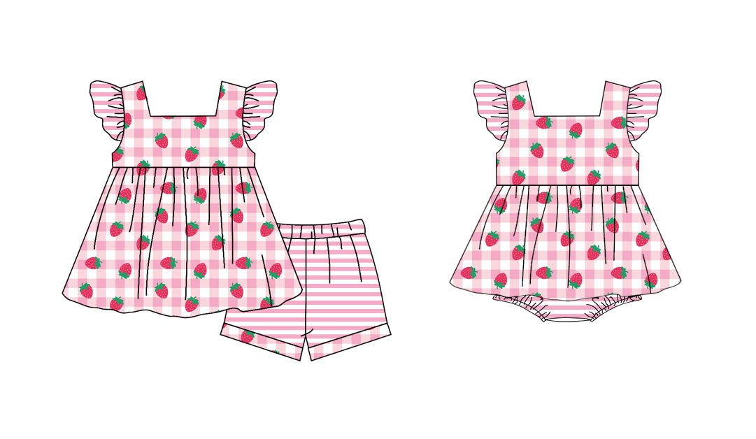 25.10.27 custom each style moq 5 eta 6-8 week Sibling Sister strawberry baby girl short sleeve shorts sets and boy rompers match family design